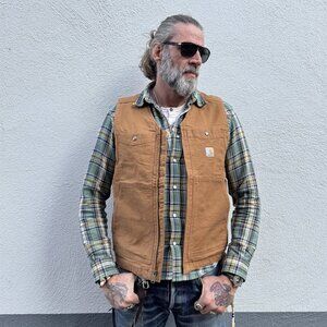 Carhartt Rugged Western Rider Biker Duck Canvas Vest Relax Fit Flannel Lining XL